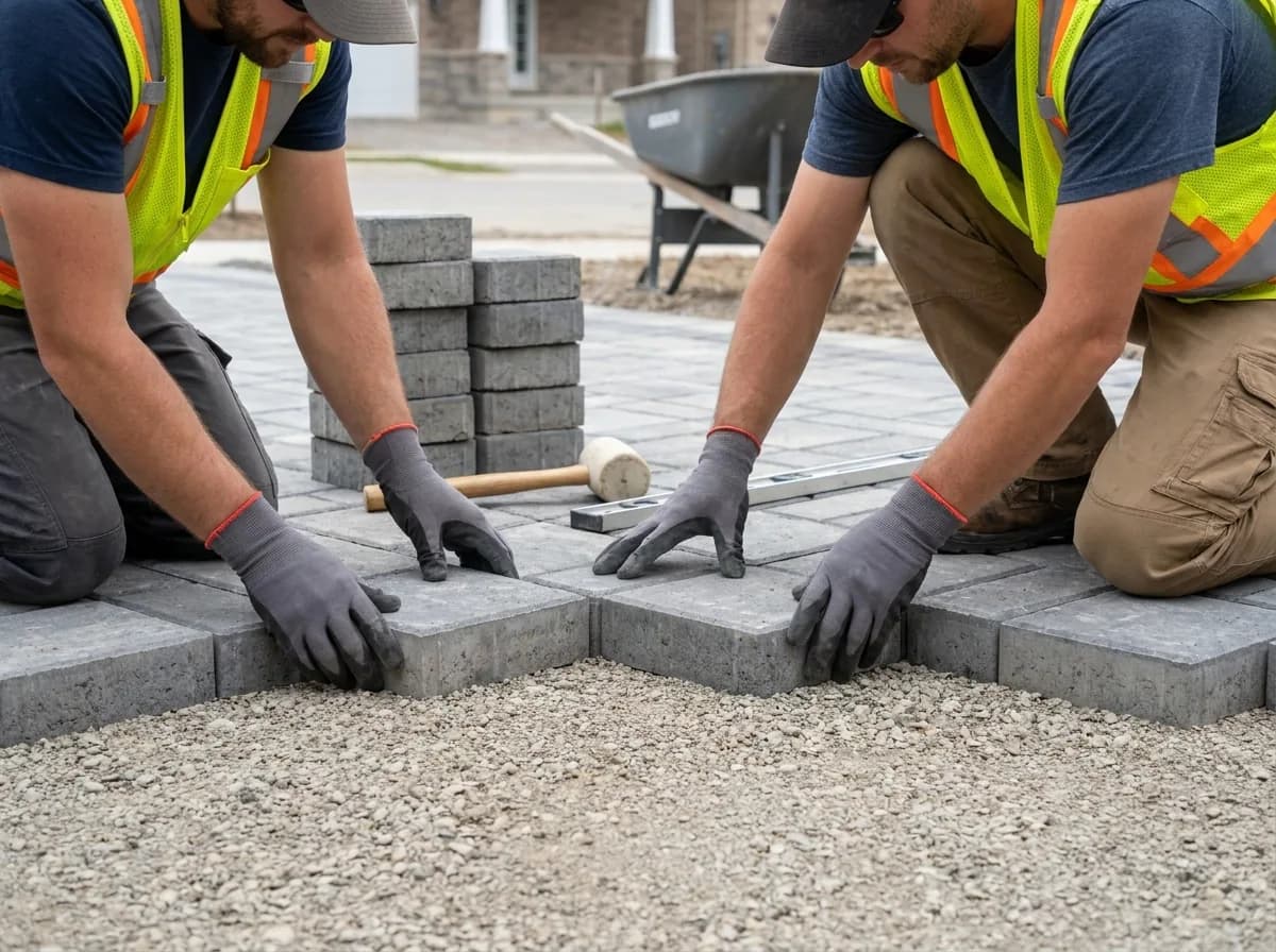 Concrete pavers being installed on a driveway base