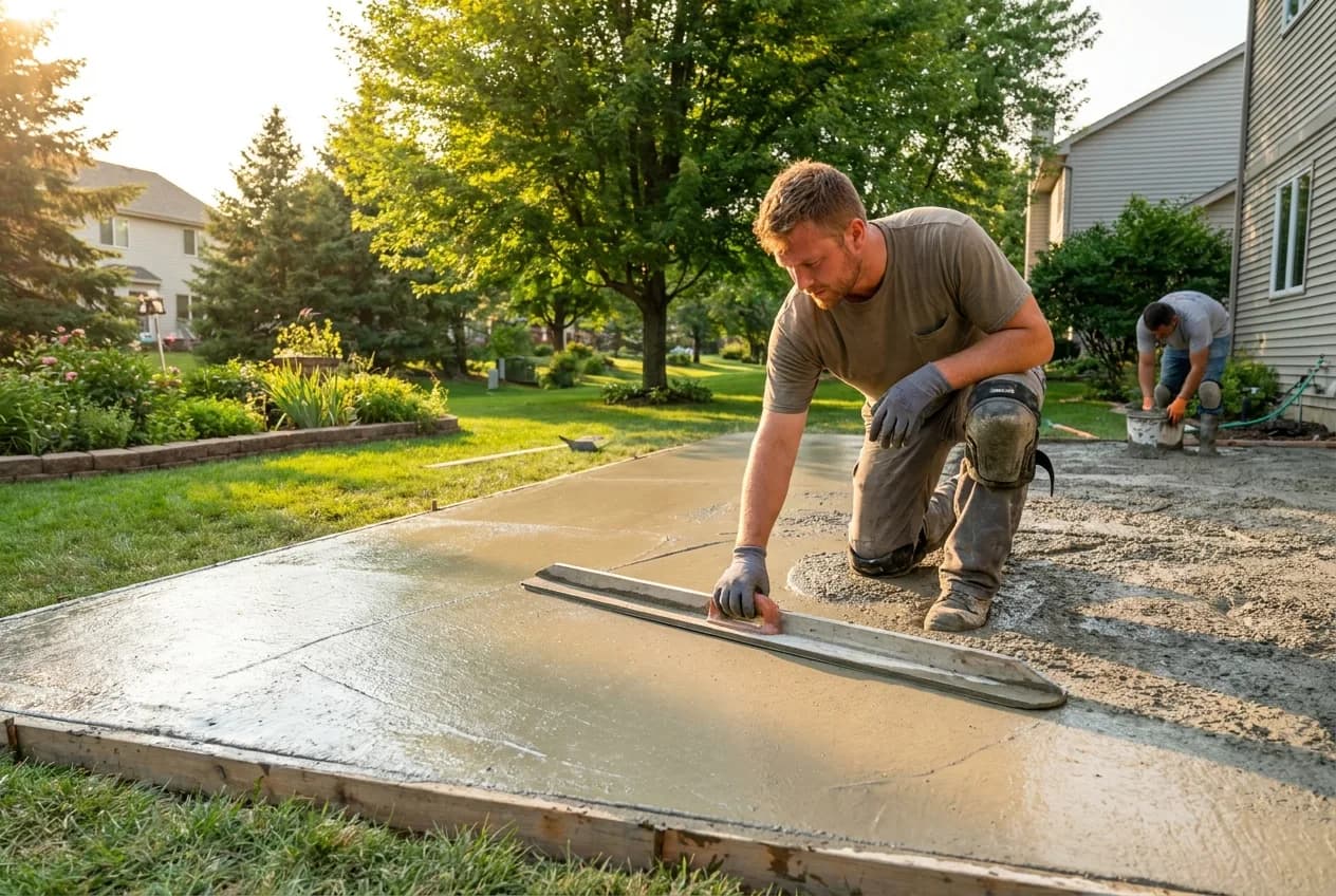 Concrete finisher smoothing a residential patio slab